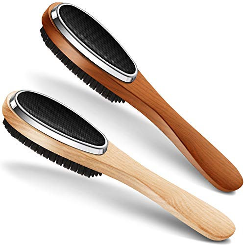 Patelai 2 Pieces 3 in 1 Lint Cloth Brush Double Sided Garment Brush Lint Remover Shoe Horn Beech Wood Handle for Clothes Wool Coat Couch Pet Hair, Random Color