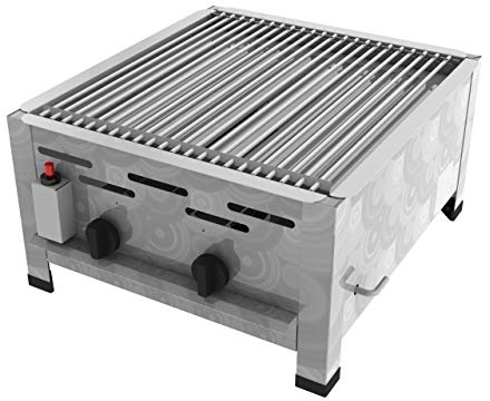 ChattenGlut Professional Gastrobräter 2-flammig Tischgerät Edelstahl Stahlbrenner für Flüssiggas 480x530x270mm (9kW Einzelne Edelstahlstäbe als Rost)