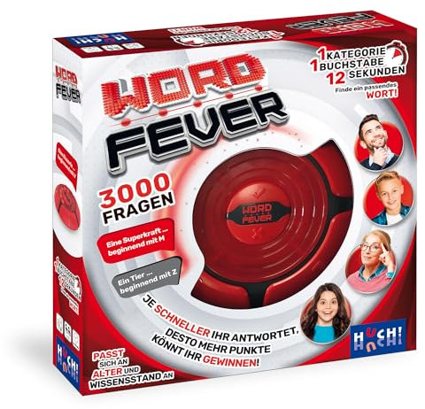 HUCH!, Word Fever, Familienquiz, Schnelles Wortspiel mit elektronischem Quizmaster, 3000 Fragen, rasantes Partyspiel, Für 2 - 4 Spieler ab 7 Jahren
