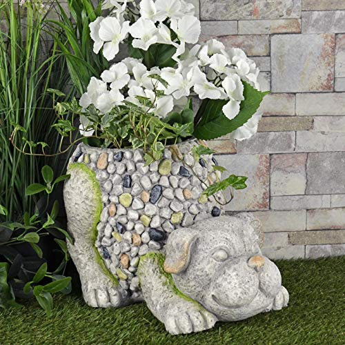 Azuma Grey Crouching Dog Patio Garden Planter Flower Pot Puppy Mosaic Outdoor 33cm