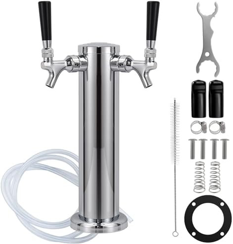 FERRODAY Distributeur de double robinet de bière en acier inoxydable plaqué chrome avec lignes pré-assemblées pour brassage maison 7,6 cm