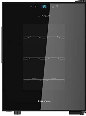 Taurus WC12T Cantinetta vino da 12 bottiglie, silenziosa, non vibra, isolamento speciale dell'interno, porta in vetro, temperatura regolabile con pannello tattile, leggera luce interna, nero