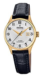 Festina Uhr Für Damen F20011/5 Swiss Made Gold Edelstahl Case SchwarzLeder Band