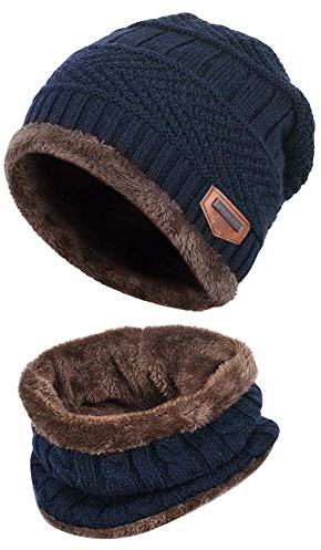 XYIYI Bleu Echarpe et Bonnet Enfants, 2 Pièces Tricoté Beanie Hiver Chaud Epais Chapeaux pour 5-14 Ans Garçons Filles