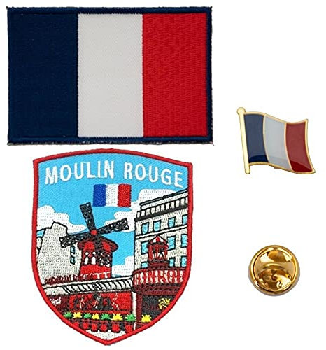 A-ONE Moulin Rouge Schild bestickter Aufnäher + Frankreich-Flagge und Anstecknadel, Frankreich, Landflagge, Revers, Paris, rote Mühle, Dekoration, Emblem für Jeans, Jacken, Hemden, selbstklebende