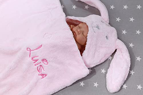 Generisch Babydecke mit Kapuze Hase – personalisierte Kuscheldecke rosa mit Name – Geschenk zur Geburt & Taufe – weiche Kapuzendecke für Neugeborene Mädchen (Rosa - Hase 2)