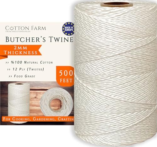 Cotton Farm Cooking Twine, 500/1000 Feet, 0.1 Inch (2mm) Thickness, Twisted (Extra Strong), 100% Unbleached Natural Cotton - Food Grade; Best for Butchers, Cooks, Wrappers, Crafters, Gardeners & More