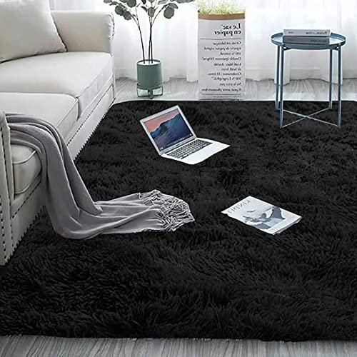 Langflor 180x200cm Teppich Wohnzimmer Langflor Teppiche Plüsch Teppich Spitzenqualität Waschbar für Bettvorleger Sofa Matte Oder Schlafzimmmer Deko Usw, Schwarz