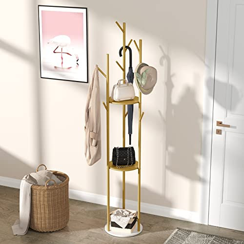 unho Kleiderständer Marmor Optik Garderobenständer mit 9 Haken und 3 Ablagen für Schuhe Hüte und Schals, im Flur Wohnzimmer und Gästezimmer,Metall