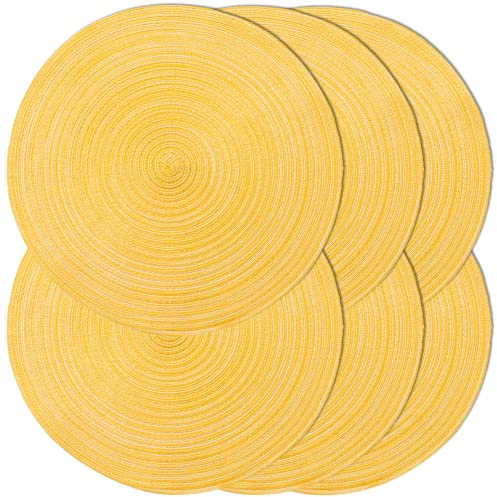 Set di 6 Sottopiatti Rotondi Intrecciate per Tavoli da Pranzo in Tessuto Naturale Resistente al Calore, Set da 6 (Giallo)