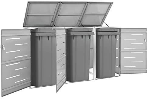 Gecheer Triple Garbage Bin Shed, Wheelie Bin Hideaways, Bin Store, Trash Bin Shed Outdoor Garbage Cover Bin Storage Unit Lockable Garbage Bin Shed 207x77.5x115 cm Stainless Steel