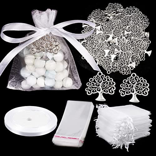 50 Pendentifs Arbre de Vie Colliers et 50 Sachet Organza 50 Petite Pochette Plastique et Ruban Blanc Arbre de Vie Métal Bijoux Bracelet Sac Faveur Décoration pour Communion Baptême Mariage (B)