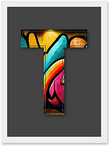 Wee Blue Coo Letter T Tagging Bright Multicoloured Decorative Graffiti Mural Alphabet Initial Stencil Artwork Framed Wall Art Print A4