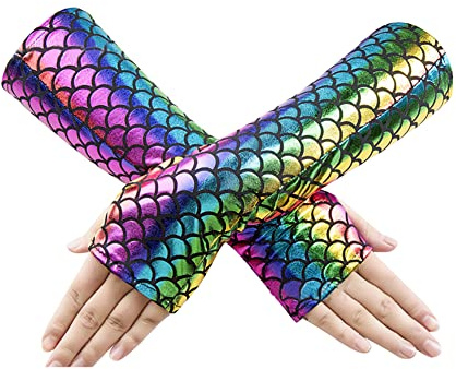 JIHUOO Glänzend Meerjungfrau Handschuhe Fischschuppen Fingerlos Handschuhe Armstulpe Karneval Musikfestival Tanzen Kostüm Zubehör Irisierend