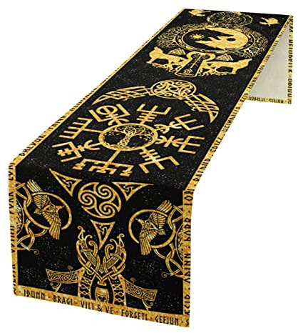 kikomia Baumwolle Leinen Tischläufer Rechteckige Wikinger Wolf Odin Raben Baum Couchtisch Esszimmertisch Schlafzimmer Party Urlaub (33×183cm, Golden)