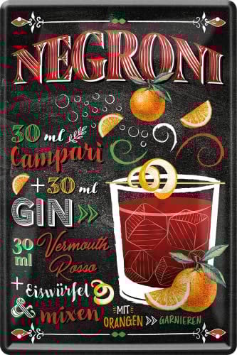 WOGEKA ART Targa in metallo retrò – Negroni – Gin Vermouth Cocktail ricetta come idea regalo per compleanno, Natale, decorazione per casa, bar, pub, pub, 20 x 30 cm, design vintage, in metallo 648