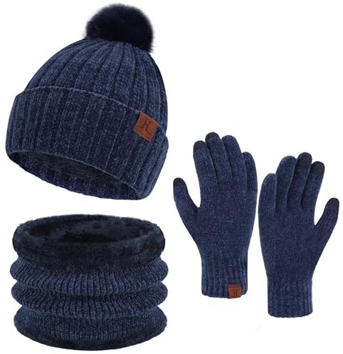 ZASFOU Damen Winter Beanie Mützen Schal Touchscreen Handschuhe Set Chenille Strick Wintermütze Winterhandschuhe Loop Schal,Navy Blau