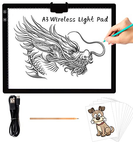 TOHETO A3 LED Leuchttisch mit Integriertem Ständer, Magnetclip, 6-Stufiger und Stufenloser 3-Farben-Dimmhelligkeits Kabellos batteriebetrieben Leuchtkasten für Diamantmalerei, Skizzie