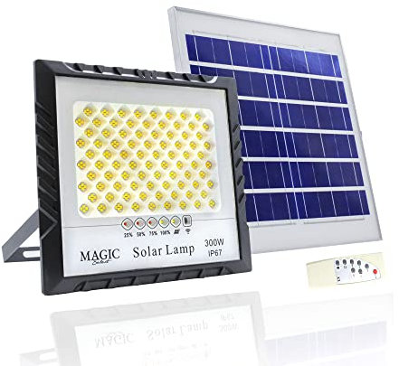 Foco Proyector 300W 340LED con Panel Solar Fotovoltaico, Mando a Distancia y Sensor de Encendido Automático. Foco Solar IP67 con Luz Blanca, Iluminación de Exteriores, Patio, Jardín, Camino, Garaje.