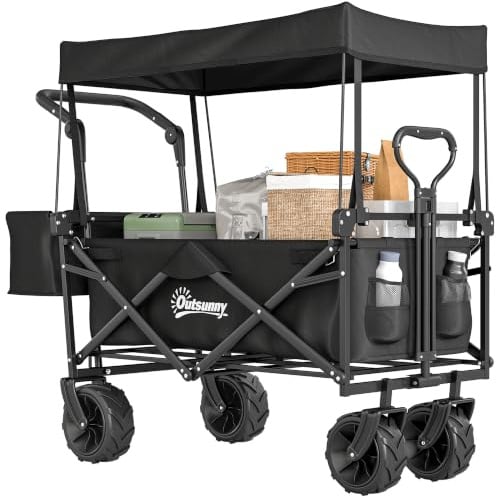 Outsunny 180L Festival Trolley on Wheels, Push Wagon Beach Cart Black | Push & Pull, Removable Canopy, Wide All-Terrain Wheels, Folding Camping Trolley Cart, Adjustable Handle