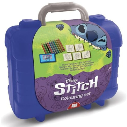Stitch Kreativ-Koffer – Mal- & Stempelset für Kinder ab 3 Jahren | inkl. 10 Buntstifte, 5 Stempel, Sticker & Stempelkissen | Plastik-Koffer ca. 23×19×10 cm