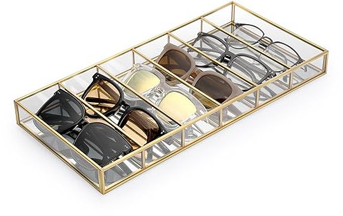 SUMTree 6 Slots Clear Glasses Display Case, Stackable Sunglasses Display Case, Gold Glass Holder for Eyewear, 36 * 18 * 3.5cm