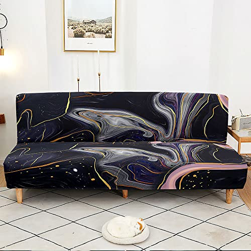 DOTBUY-SHOP Sofabezug Ohne Armlehnen, 3D Marmor Drucken Armlose Sofabettüberzug, Stretch Weich Antirutsch Schonbezug, Klappbar Sitzcouch, Sofa Schutz, für Klappsofa Bett (L-190~230cm,Schwarz)