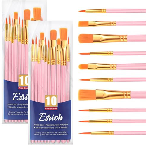 ESRICH Paint Brushes, 2 Packs / 20 Pcs Nylon Miniature Paintbrushes, Face and Body Watercolor Oil Painting Artist Professional Acrylic Paint Brushes Set,Pink