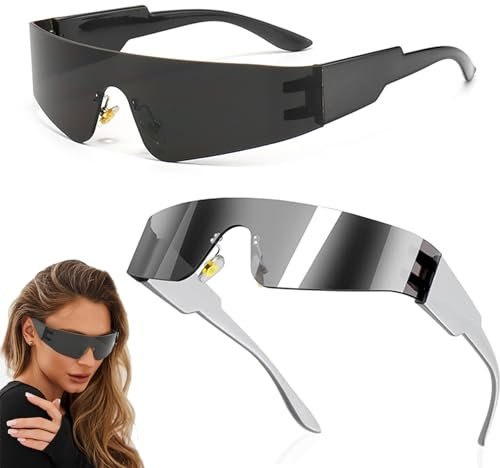2 Stück Futuristische Sonnenbrille Rahmenlos Space Brille Alien Brille Set Fun Schnelle Brille Rave Brille Partybrille Techno für Party Herren Damen Rollenspiel Halloween Cosplay Faschingsparty