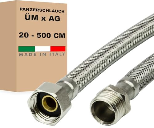 AWM Edelstahl Flexschlauch (DN8) 1/2 Zoll Panzerschlauch Anschlußschlauch Sanitär Hauswasserwerk Amaturen (1/2“ ÜM x 1/2“ AG, 100 cm)