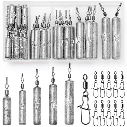 VEPEPE 30 Pièces Poids de Pêche Kit 5 Dimensions, Pêche Drop Shot Mélange 0,12/0,18/0,25/0,35/0,5 oz, Mer Poids Sinker Livré avec 10 Swivels de pour la en Eau Salée, Surf