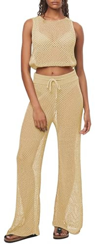 Viottiset Set di 2 pezzi di copertura all'uncinetto senza maniche crop top pantaloni larghi da donna, albicocca, S