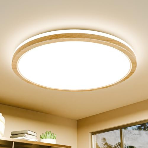 Epochglo LED Deckenleuchte Flach Rund, Holz 24W 4000K, für Wohnzimmer Schlafzimmer Büro Küche Badezimmer Flur Balkon Mädchen Junge Kinderzimmer, Ø30cm
