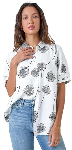 Roman Originals Short Sleeve Shirt for Women Ladies Cotton Blouse Button Through Tunic Printed Top Work Smart Casual Going Out Work Office V Neck Evening Event - Ivory & Black - Size 14