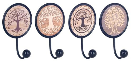Générique Patère murale ronde en Métal 17cm Set de 4 Décoration Arbre de Vie, avec 1 Crochet couleur Noir