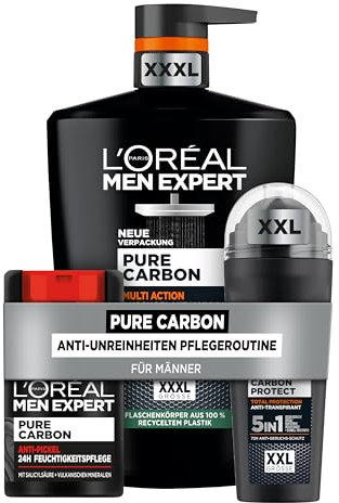 L'Oréal Men Expert 5in1 Pflegeset gegen Unreinheiten für Männer, Mit XXXL Duschgel, XXL Deoroller und Gesichtscreme, Set für Herren mit Karbon, Pure Carbon, 3-teilig