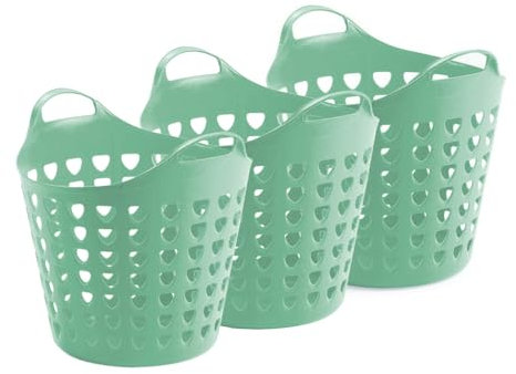 Kreher® flexibler Aufbewahrungskorb aus Kunststoff für Wäsche, Spielzeug und vieles mehr! In peppigen Farben mit Belüftungslöchern. 35 Liter Volumen, mit zwei großen Henkeln. (3er Set in Mintgrün)