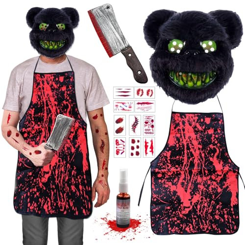 Ycaaeo Halloween Costume Horror Rabbit, Bloody Rabbit Mask, with Bloody Apron, Halloween, Inflatable Chainsaw, Tattoo Sticker, Artificial Blood Halloween, Halloween Costumes for Men and Women