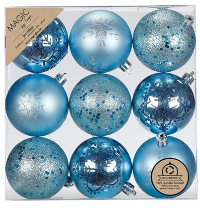 Inge-glas Weihnachtskugeln Kunststoff 6cm 9er Set - bruchsicher & mit Glitzer Muster - Christbaumkugeln für Weihnachtsbaum - Weihnachtsbaumkugeln & Christbaumschmuck Helltürkis - Aqua Blue