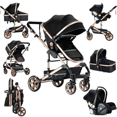 Sianldcone Kinderwagen 3 in 1, Hochwertige Stoffe Kinderwagen Set, Zwei-Wege-Schiebefunktion Reisesysteme, Offene Sicht Kombikinderwagen 3 in 1 Komplettset (739 Black Gold)
