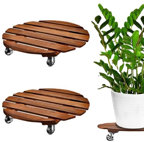 Puedno Lot de 2 supports de plantes en bois de 30 cm avec roulettes, support rond à roulettes verrouillables en métal, chariot de pot de fleurs en bois robuste