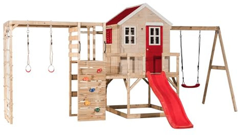 Wendi Toys M24-G Stelzenhaus Holz mit Rutsche, Schaukel, Kletterturm, Outdoor Spielhaus für Kinder 342×508×242 cm, mit Kletterwand, Kletternetz, Turnringen