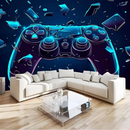Game Controller Punk Style Photo Wallpaper - 300 x 210 cm Non-Woven Premium Fleece Wall Mural - Dark Blue Art Print Teen Bedroom Game Room Decoration Photo Mural