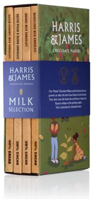 Harris & James Milk Chocolate Bar Library Pack, 4 Flavours of Milk Chocolate, Marvellous Milk 40%, Salted Caramel 40%, Chocolate Orange 36%, Pecan & Raisin 36% (86g Bars)
