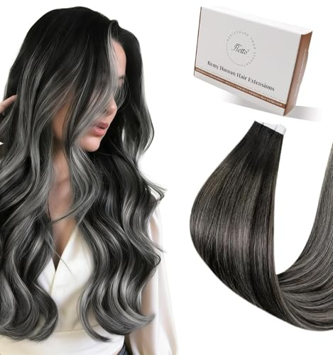 Hetto Tape Extensions Echthaar Schwarz 35cm 50g #1b/s Invisible Klebeband | Balayage Naturschwarz mit Silber, Friseur Qualität Remy Haarverlängerung Tape-in,Schonende & Wiederverwendbare Haar