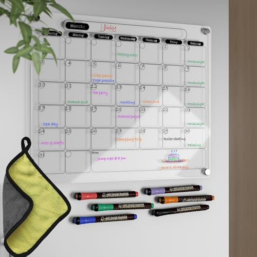 Acrylic Magnetic Dry Erase Calendar for Fridge Clear Monthly Whiteboard Planner Erasable Planning Board Black 16 x 12 w/ 6 Dark Color Wet Erase Marker