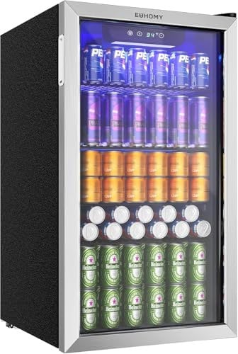 EUHOMY 90L Drinks Fridge, 126 Can Beer Fridge with Glass Door, Small Refrigerator with Adjustable Shelves for Soda Beer or Wine, Home/Bar/Office, Silver, Steel, One-Touch Control