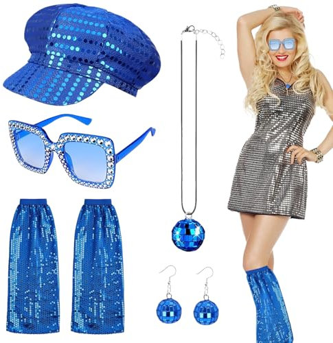 Saier tbo 5Pcs 1970s Disco Accessories Set for Women, Blue Abba Fancy Dress Costume Accessories with Sequin Hat Leg Warmers Bling Sunglasses Earrings Necklace for Adults Retro 70 Theme Party Dance