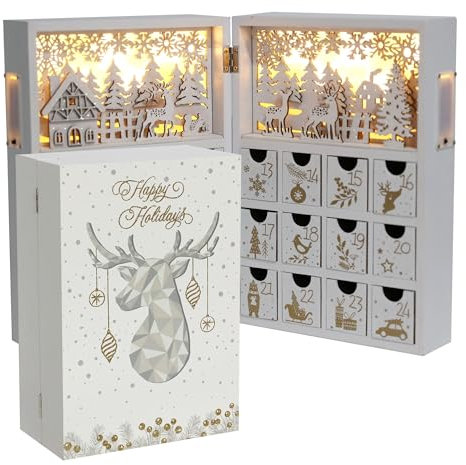 PE Weihnachten Holz Adventskalender Buch mit Schubladen und LED, Wiederverwendbarer Weihnachts-Countdown Holz-Adventskalender mit Dorfwald Rentier-Szene Erwachsene Kinder (Weiß & Gold)