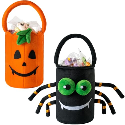 JOYIN Halloween-Plüsch-Süßigkeiten-Eimer, 15 x 22,1 cm, Spinne und Kürbis, Halloween-Korb mit Griff, Süßes oder Saures, Geschenk für Kinder, Partyzubehör, Dekoration, 2 Stück